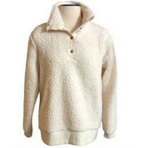 Women’s Large Sherpa Xersion Fleece Pullover White Cream Faux Fur Gold Buttons